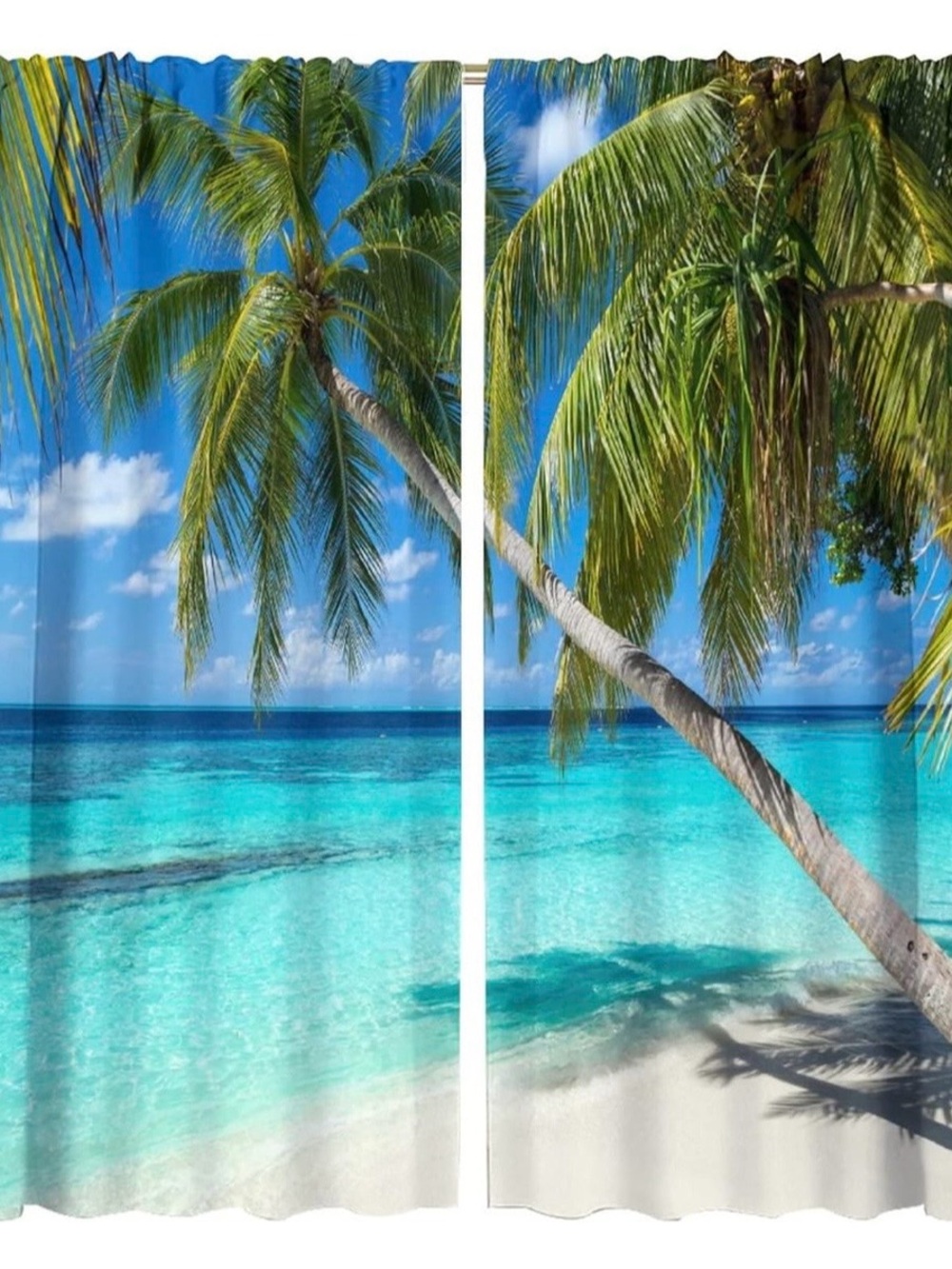 Tropical Palm Beach Window Curtains - Turquoise Ocean Print